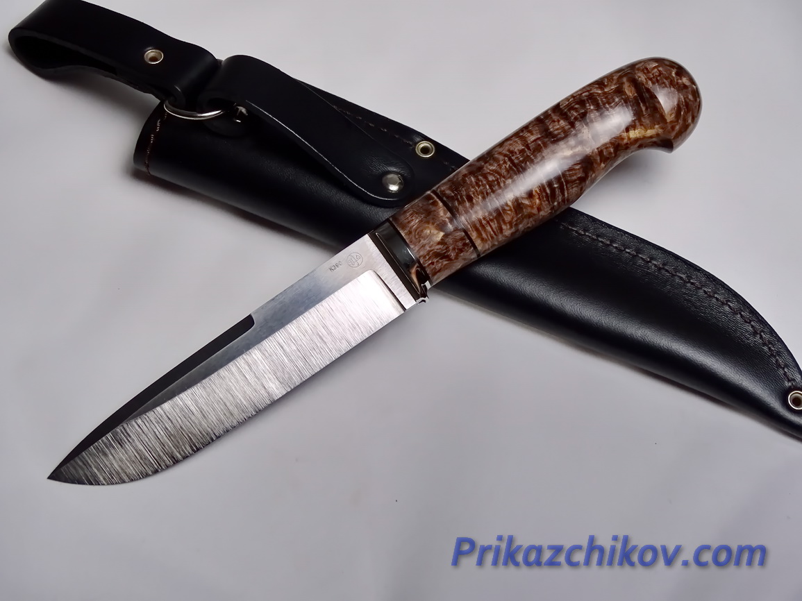 Нож  из порошковой стали Bohler K390(рукоять стабилизированная карельская береза, литье мельхиор) N 15