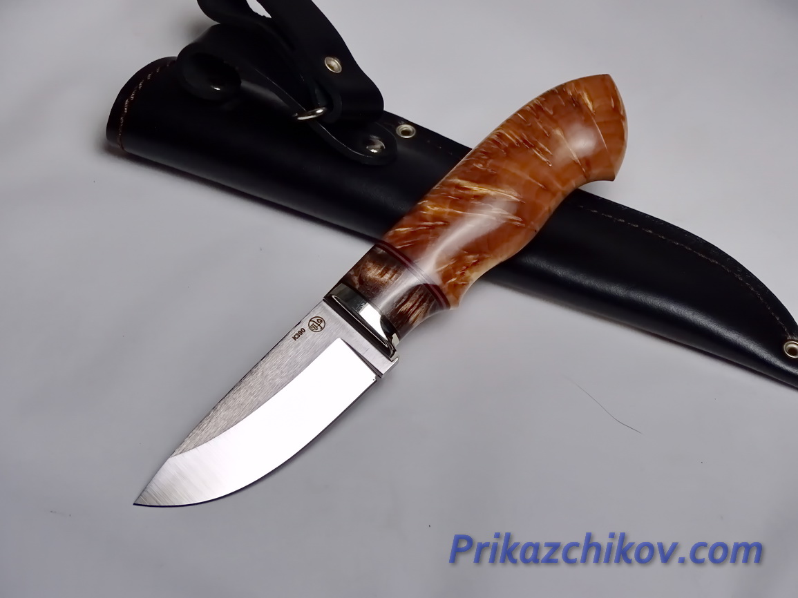 Нож  из порошковой стали Bohler K390(рукоять стабилизированная карельская береза, литье мельхиор) N 29
