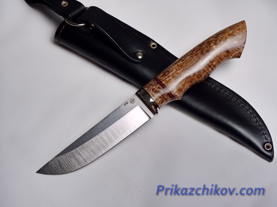 Нож  из порошковой стали Bohler K390(рукоять стабилизированная карельская береза, литье мельхиор) N 4