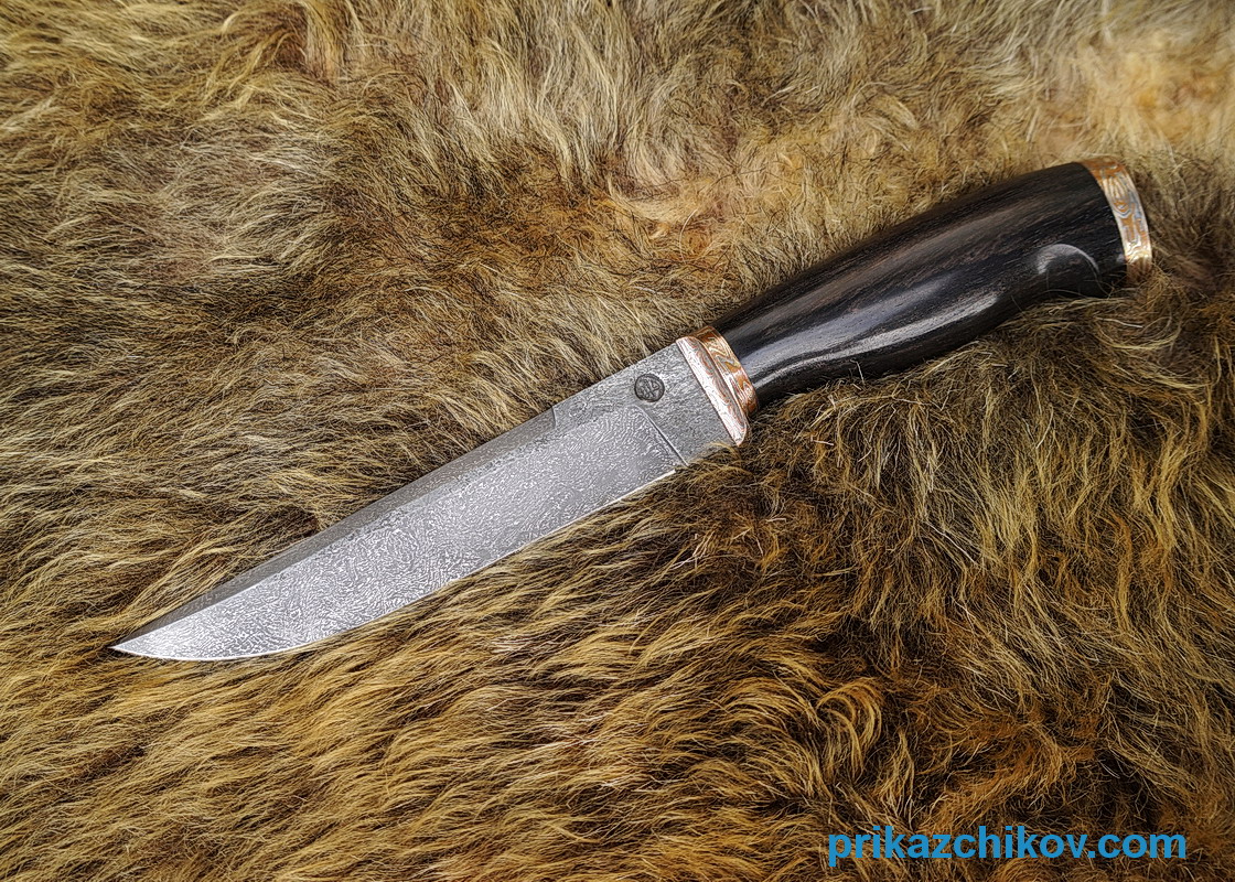 Авторский нож Охотник из тигельного коррозиестойкого булата, рукоять эбен и мокумэ-ганэ