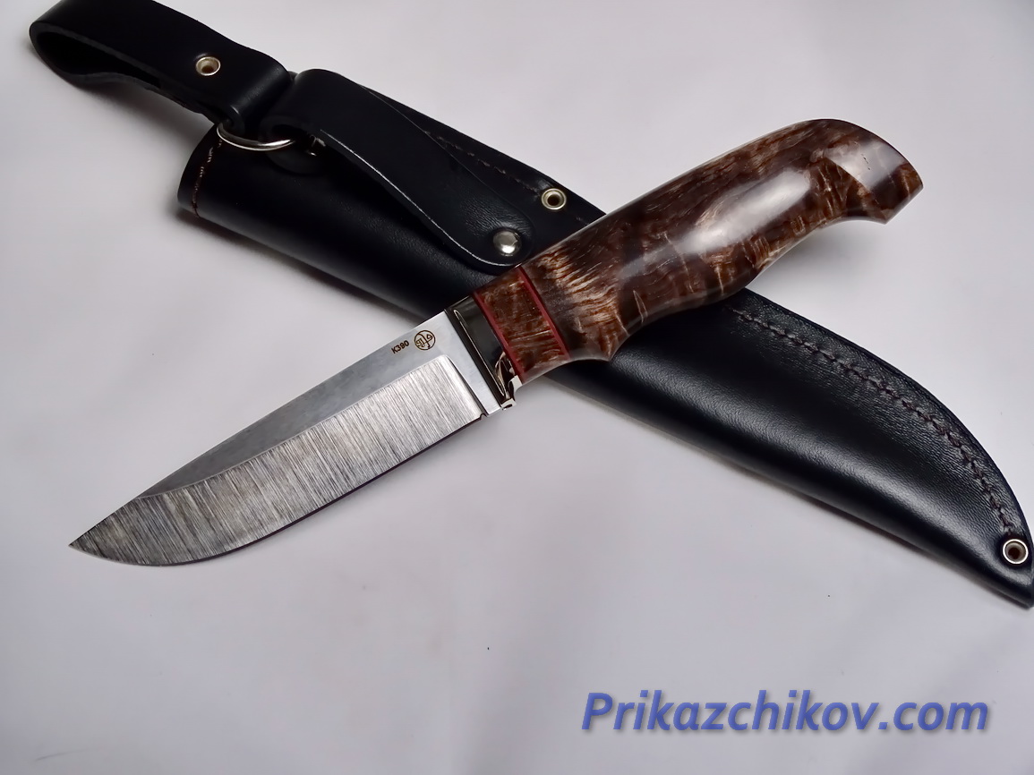Нож  из порошковой стали Bohler K390(рукоять стабилизированная карельская береза, литье мельхиор) N 12
