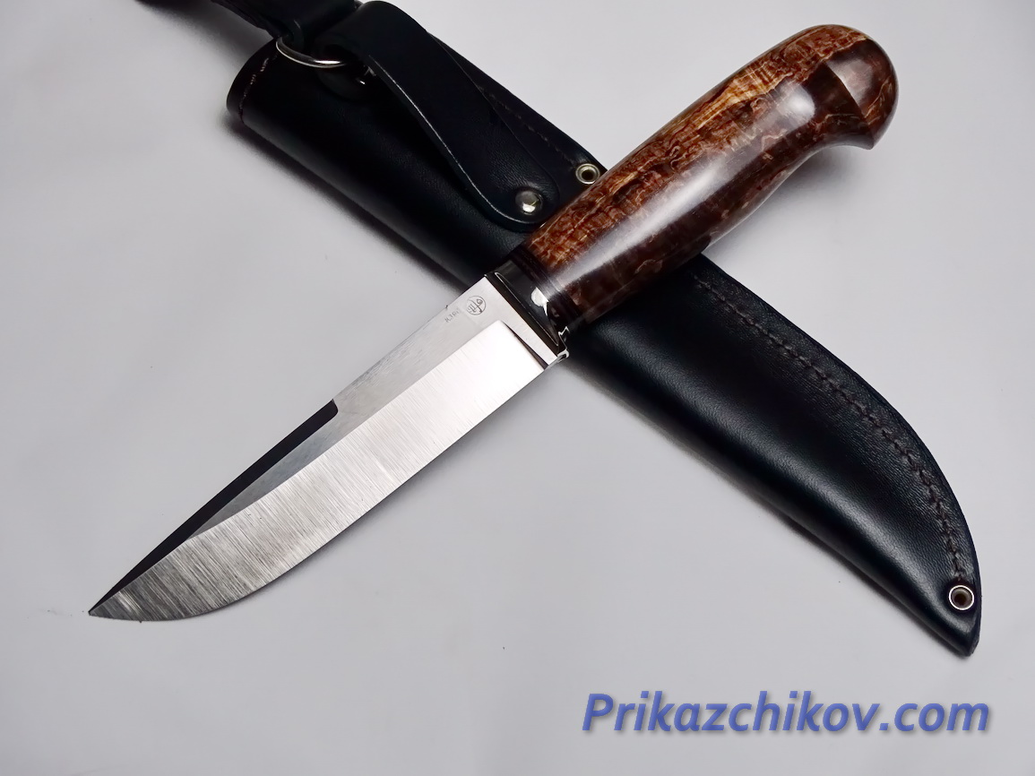 Нож  из порошковой стали Bohler K390(рукоять стабилизированная карельская береза, литье мельхиор) N 17