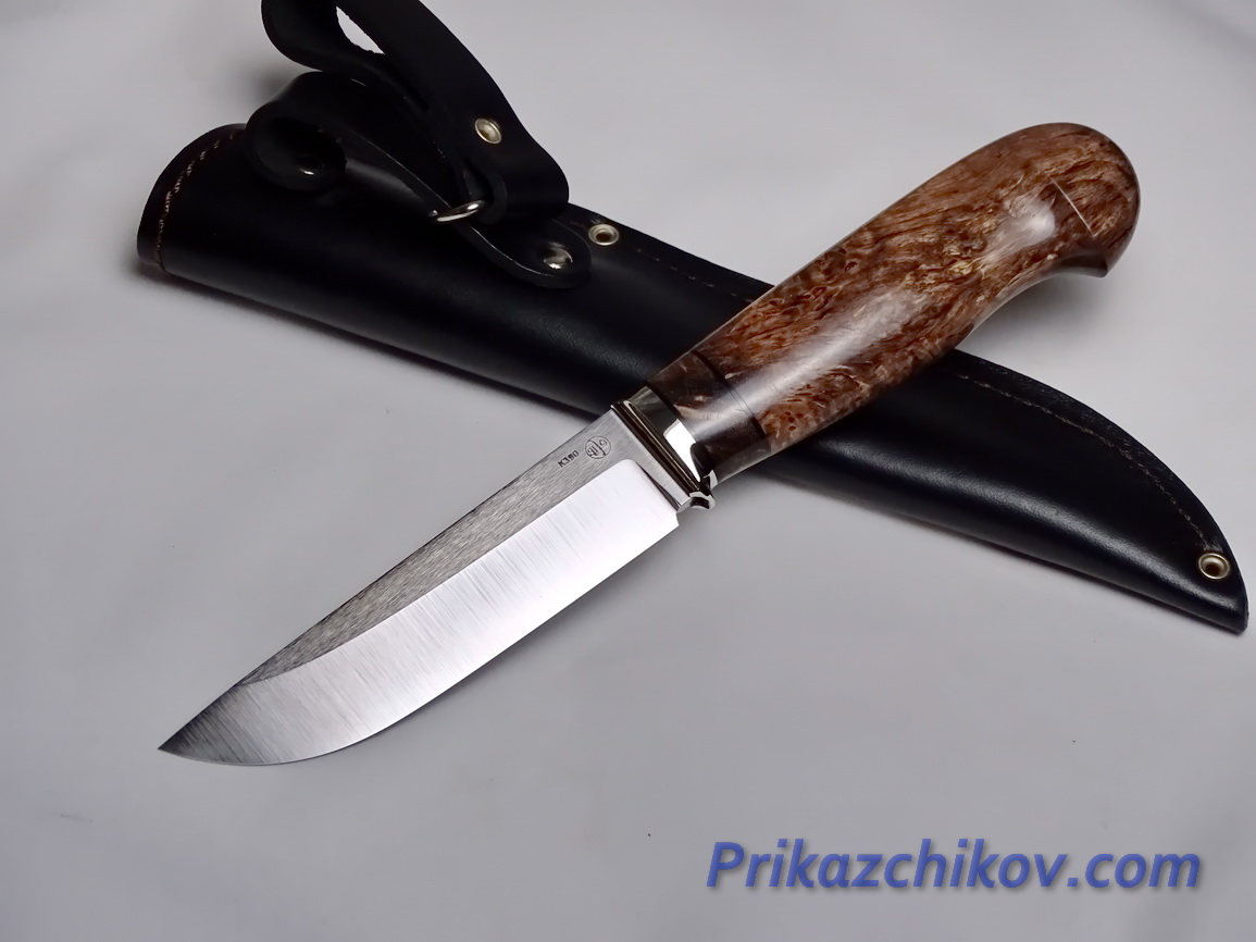 Нож  из порошковой стали Bohler K390(рукоять стабилизированная карельская береза, литье мельхиор) N 19
