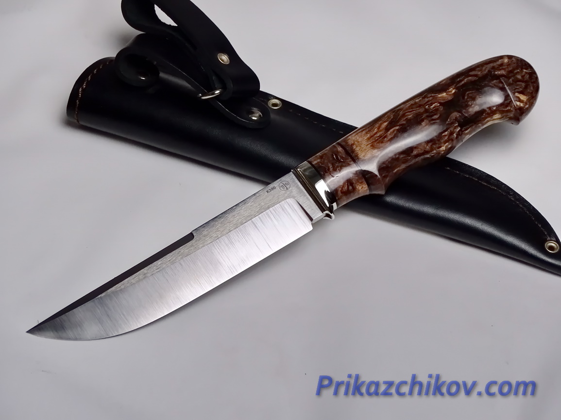 Нож  из порошковой стали Bohler K390(рукоять стабилизированная карельская береза, литье мельхиор) N 21