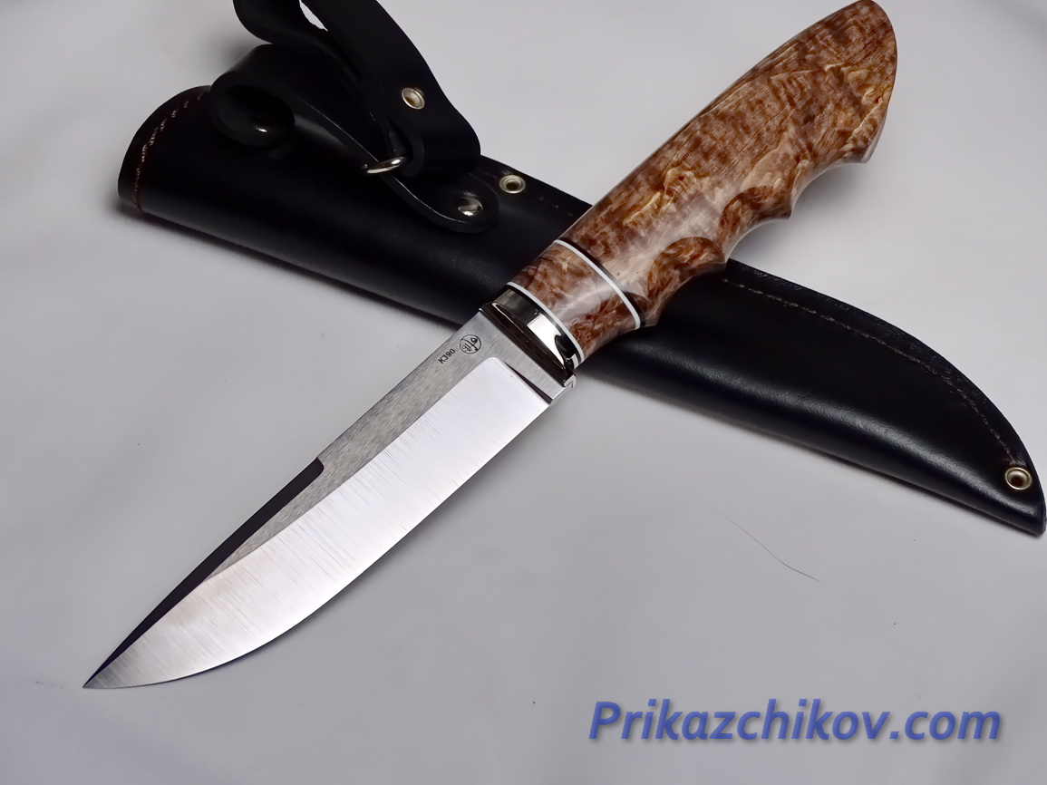 Нож  из порошковой стали Bohler K390(рукоять стабилизированная карельская береза, литье мельхиор) N 27